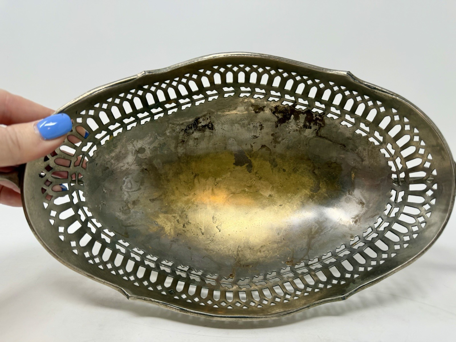 Antique Silverplate Pierced Gallery Oval Footed Bowl with Handles Fruit