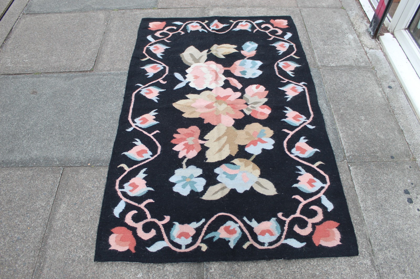 Kilim Vintage Traditional Hand Made Oriental Blue Pink Black Wool Kilim 150x95cm