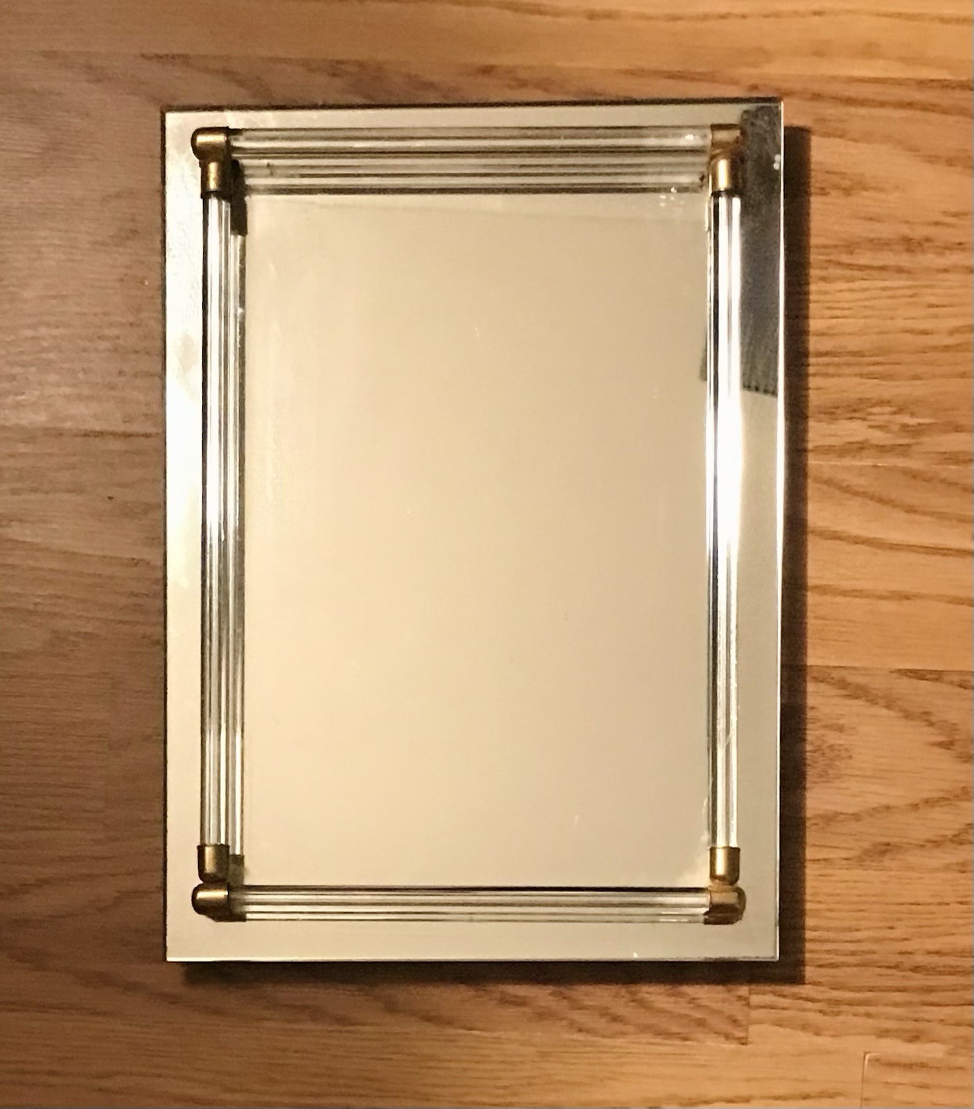 Vintage 70’s Glass Mirror Vanity Tray Rectangular Mid Century Lucite Tube Border