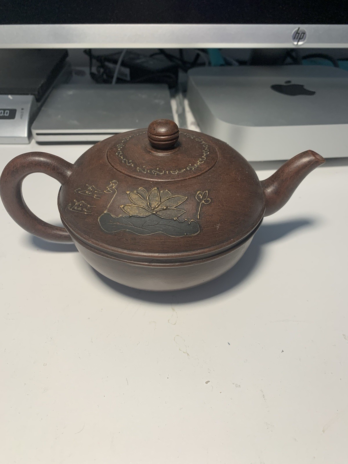 Vintage Chinese Yixing Zisha Clay Lotus Flower Teapot 7 1/2″ Handle to Spout