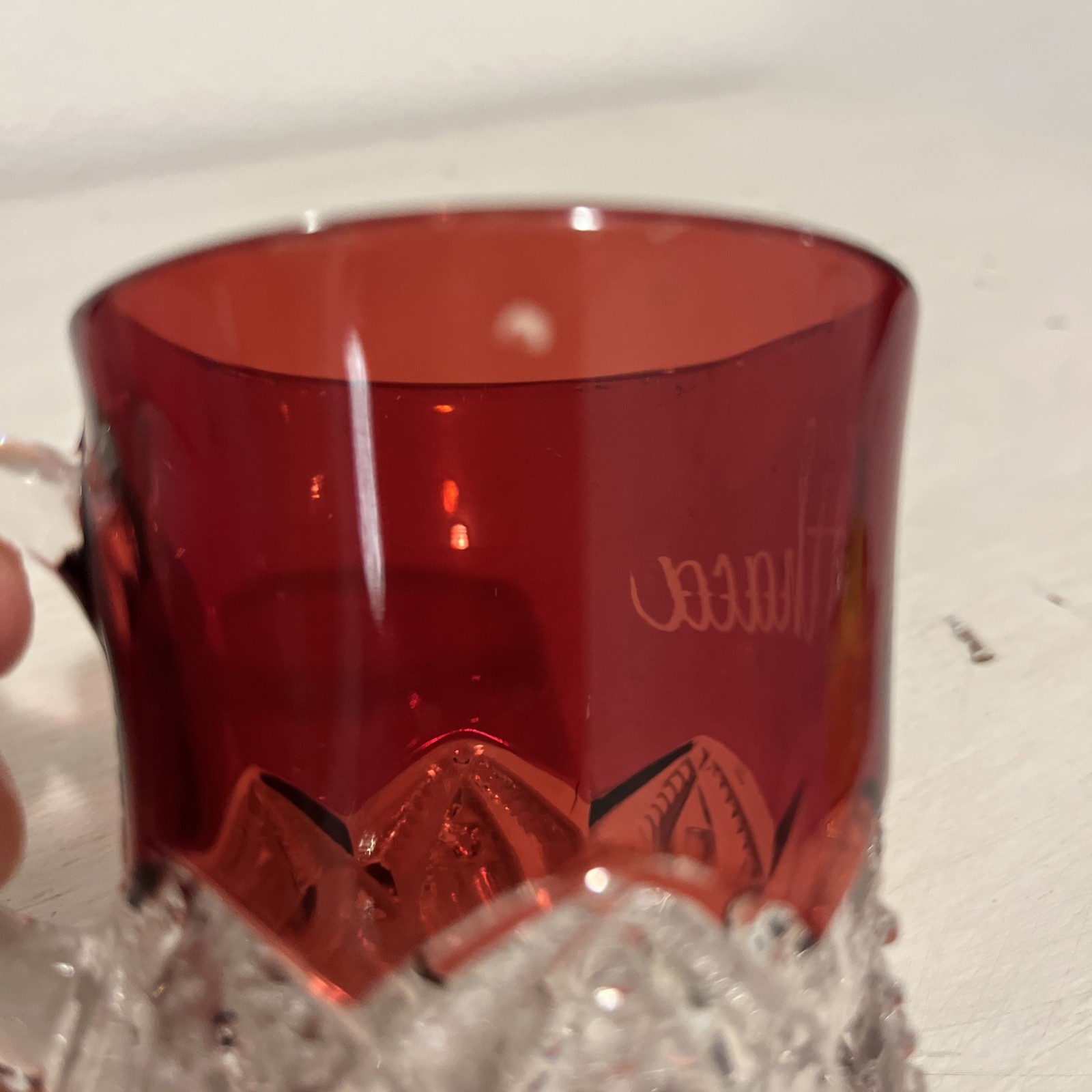 Antique Ruby Red Flash Souvenir Glass CUT GLASS COFFEE MUG Ithaca