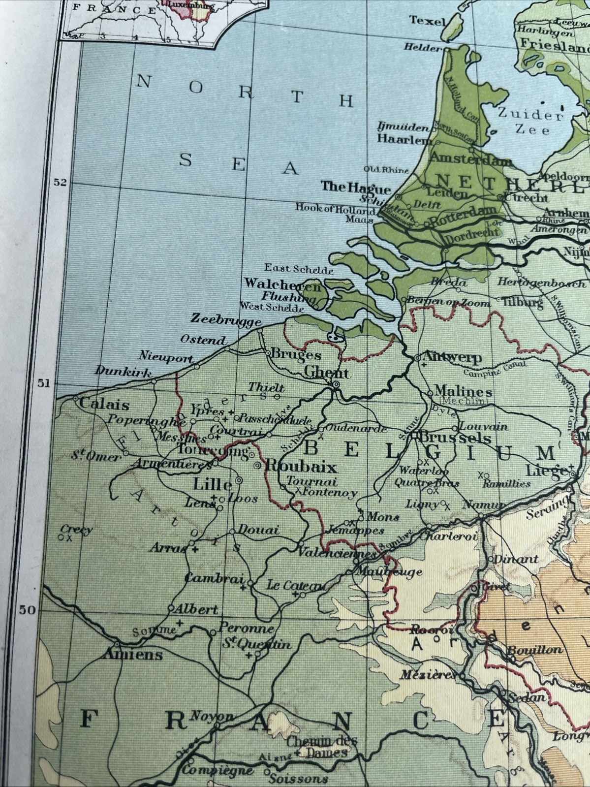 1923: Map Netherlands Belgium & Luxembourg Luxemburg Physical BC #19 Antique old