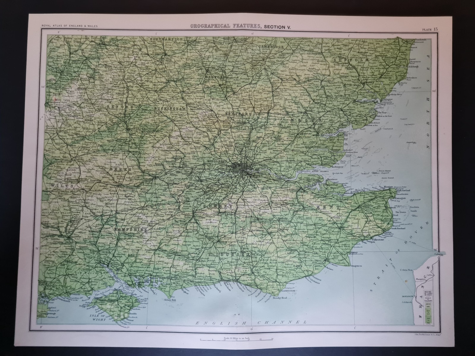 Antique 1898 Map – Orographical – SE England – London & Home Counties