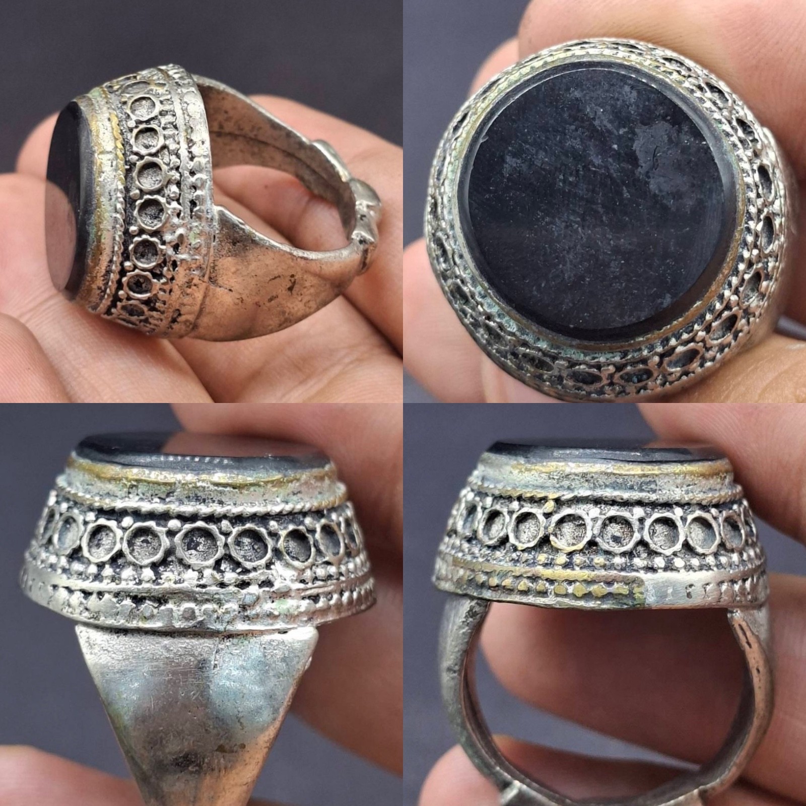 Unique Ancient Roman Silver Plated Onyx Stone Intaglio Ring