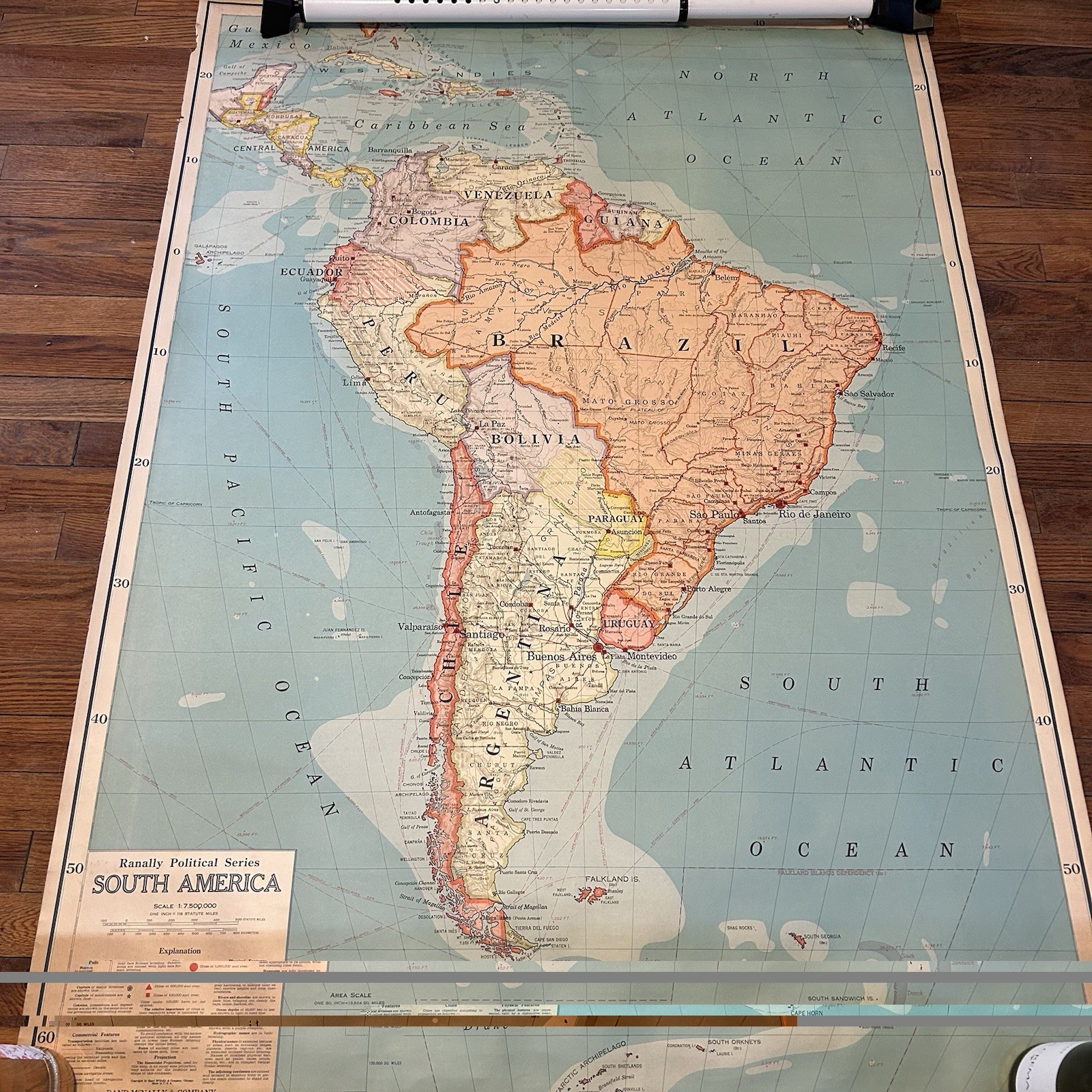 Vintage Rand McNally South America Pull Down School Wall map 55″ x 40″