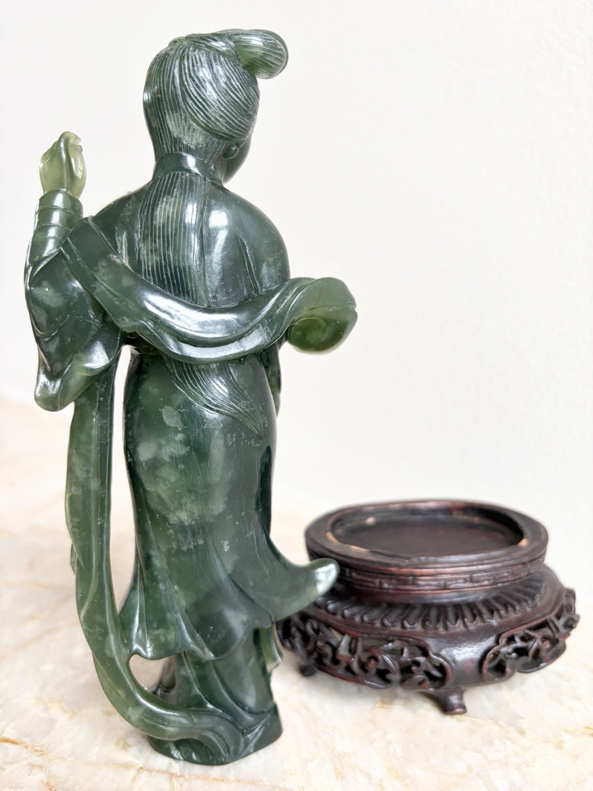 Antique Chinese Republic Era Translucent Spinach Jade Figurine & Stand