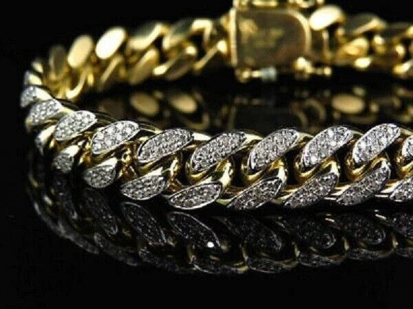 14Ct Round Cut 14K Yellow Gold Over Diamond Miami Curb Cuban Link Men’s Bracelet