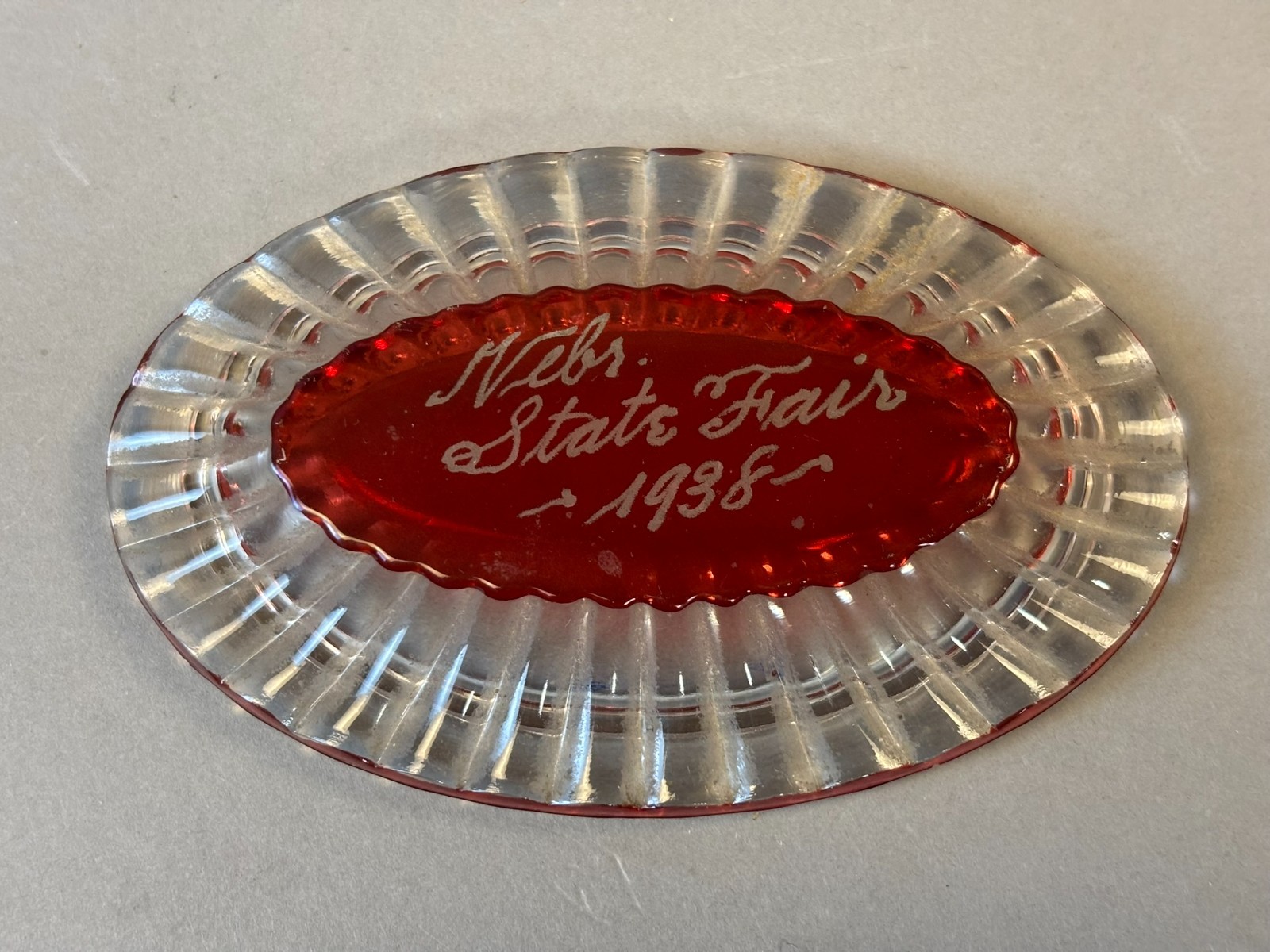#1228 Antique NEBRASKA STATE FAIR 1938 Ruby Red Flash Souvenir Glass CANDY DISH