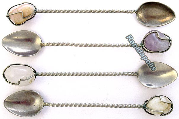 FOUR Vintage Silver Twisted Demitasse Teaspoons with Semi-Precious Stone Finials