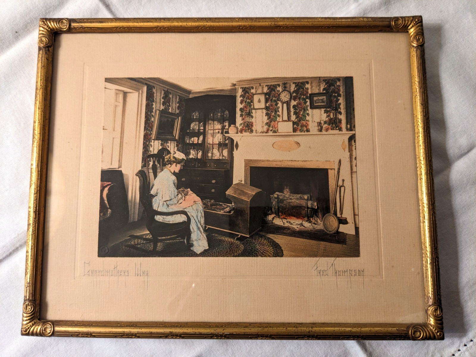 Americana / Photo Art Hand-Colored / Grandmother Knitting by Crib & Fireplace