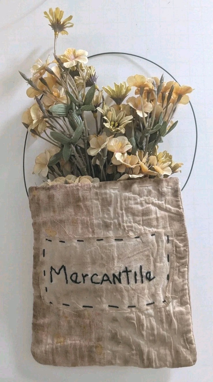 Primitive Antique Quilt Country Wall Hang Bag Flowers Sweet Annie Farmhouse OOAK