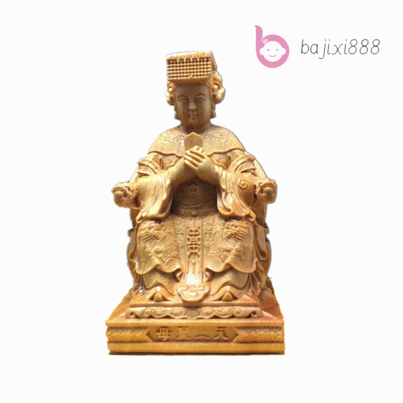 10cm Cypress Wood Chinese Handcarved Mazu Statue Auspicious Fengshui Decoration