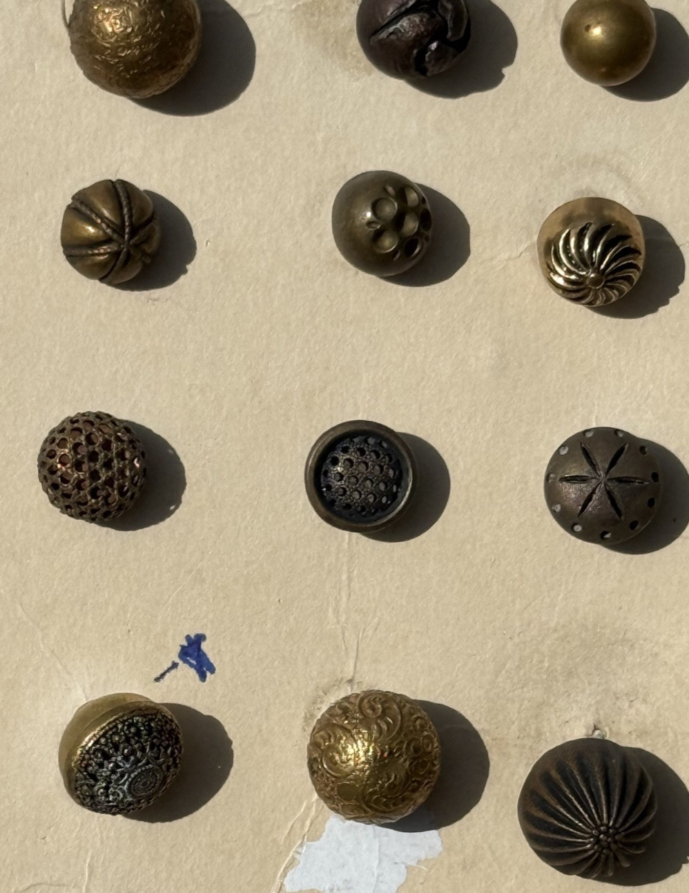 42 Antique/Vintage Domed Brass, Pewter, Golden Age, Mirror Back OLD BUTTON CARD