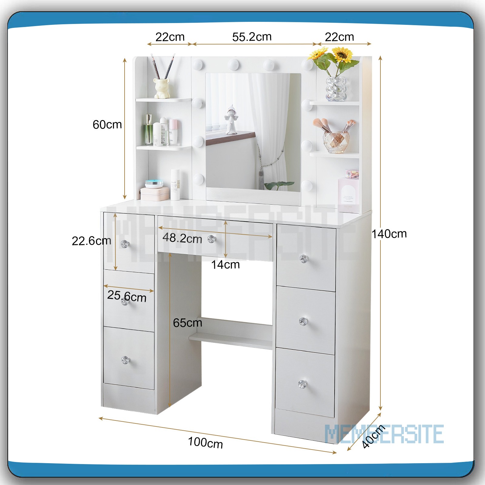 Vanity Set with LED Lights Mirror ,7 Drawers &Crystal Pull Makeup Vanity Table