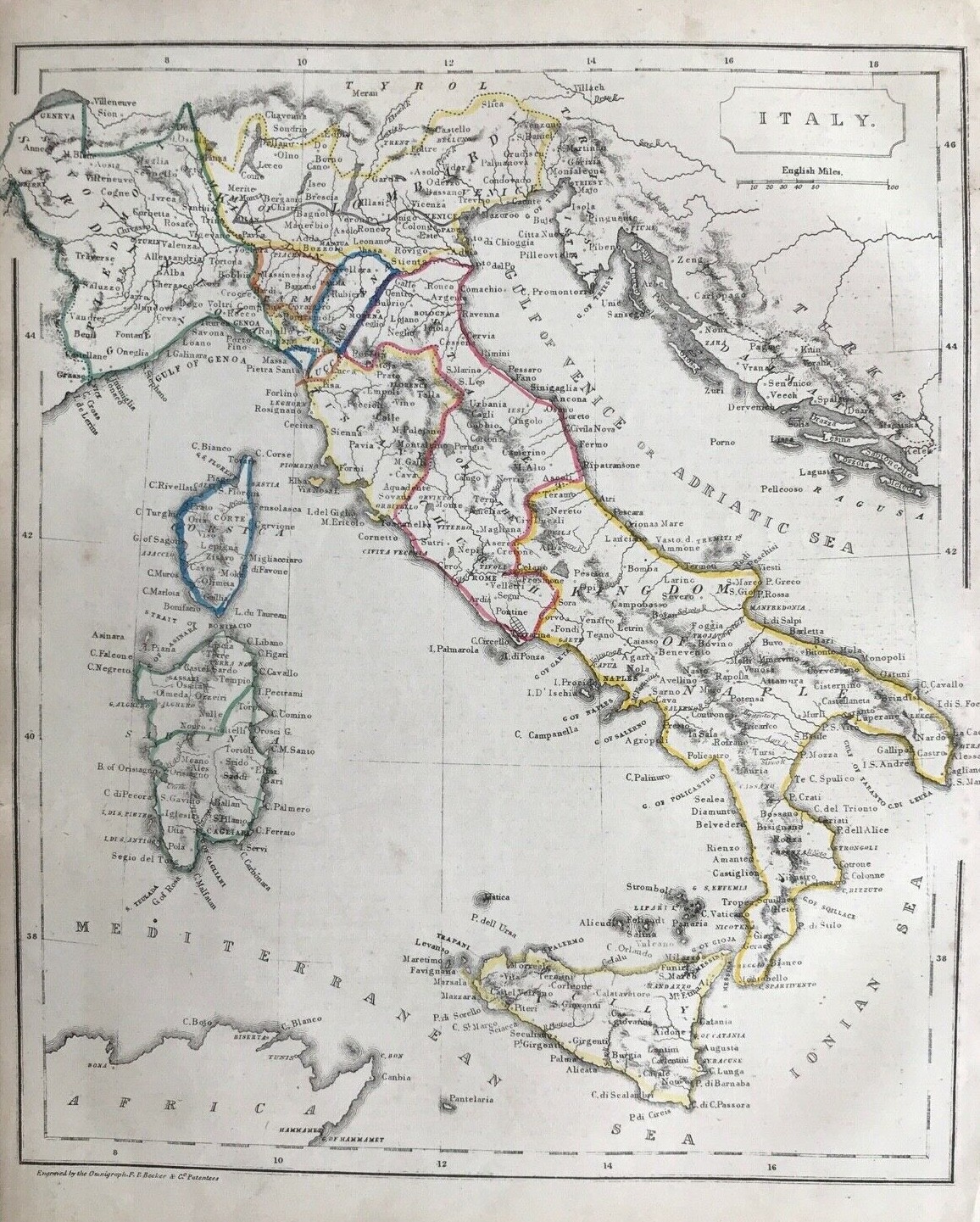 1842 Antique Map; Italy, Sicily, Sardinia & Corsica after F.P. Becker