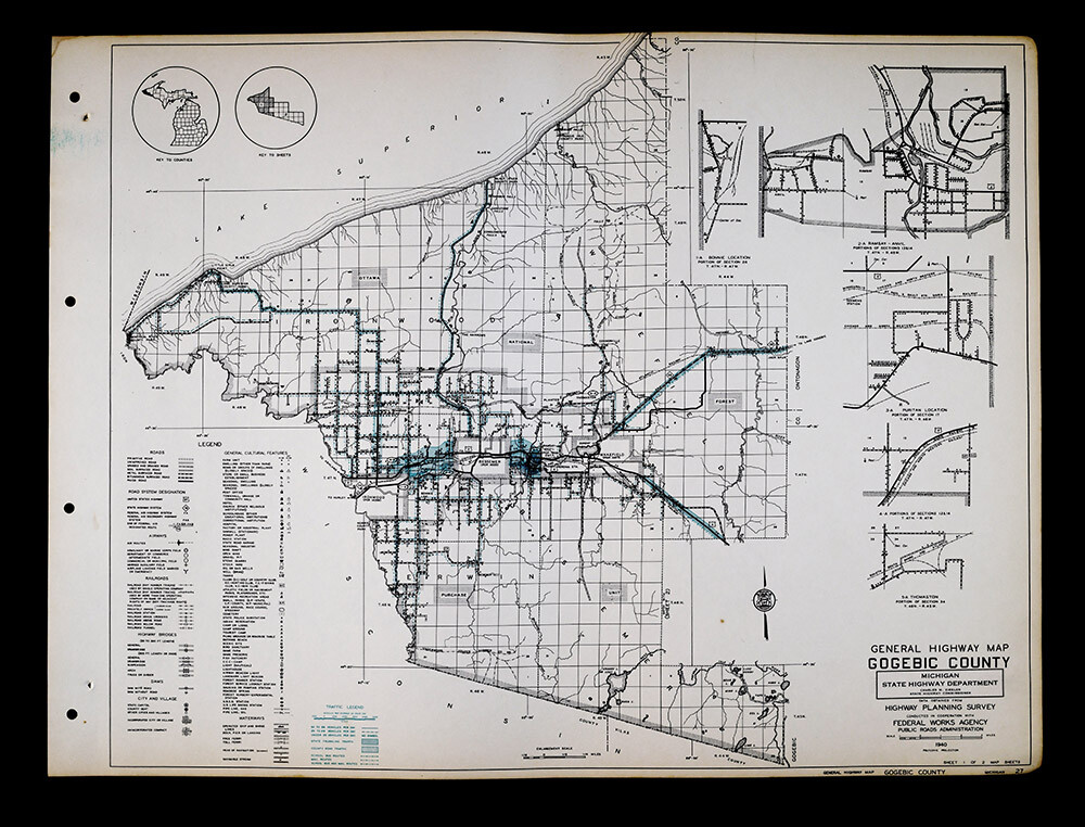 1940 Michigan Highway Map West Gogebic County Ironwood Bessemer Wakefield MI