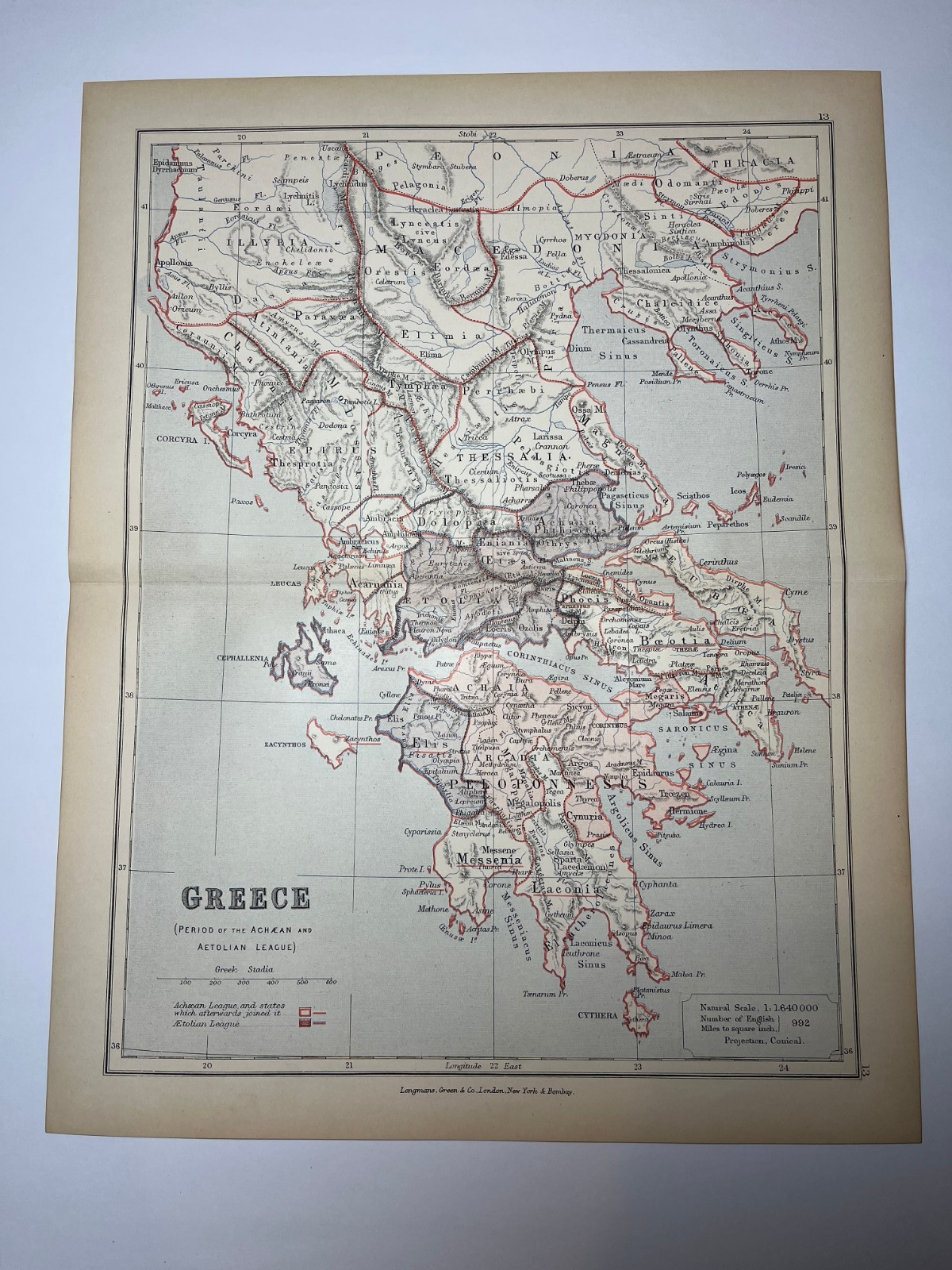 1902 Map of GREECE fm Longmans Ancient Geography Atlas, SEE PICs & DESCRIP