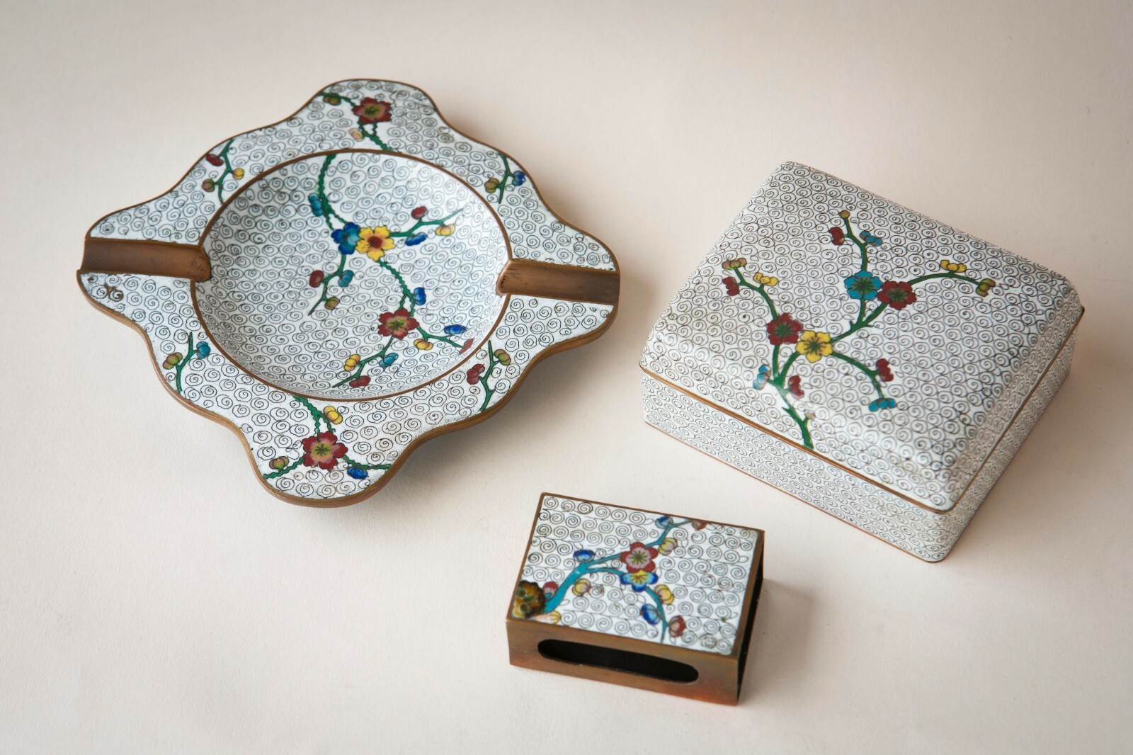 Antique Chinese White Cloisonne Smoking Set w/ Box, Matchbox Holder & Ash Tray