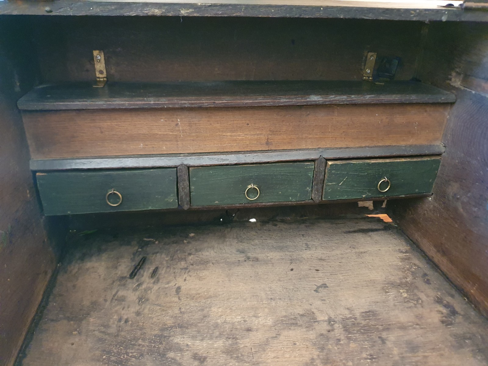 Antique 17th century & later carved oak bible box slope lock & key 3 drawers