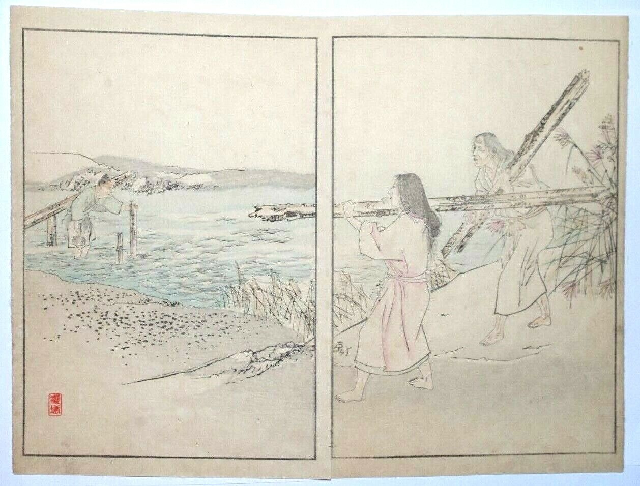 JAPANESE Woodblock Print BEACH DRIFTWOOD Original 1880s Meiji Japan Vintage