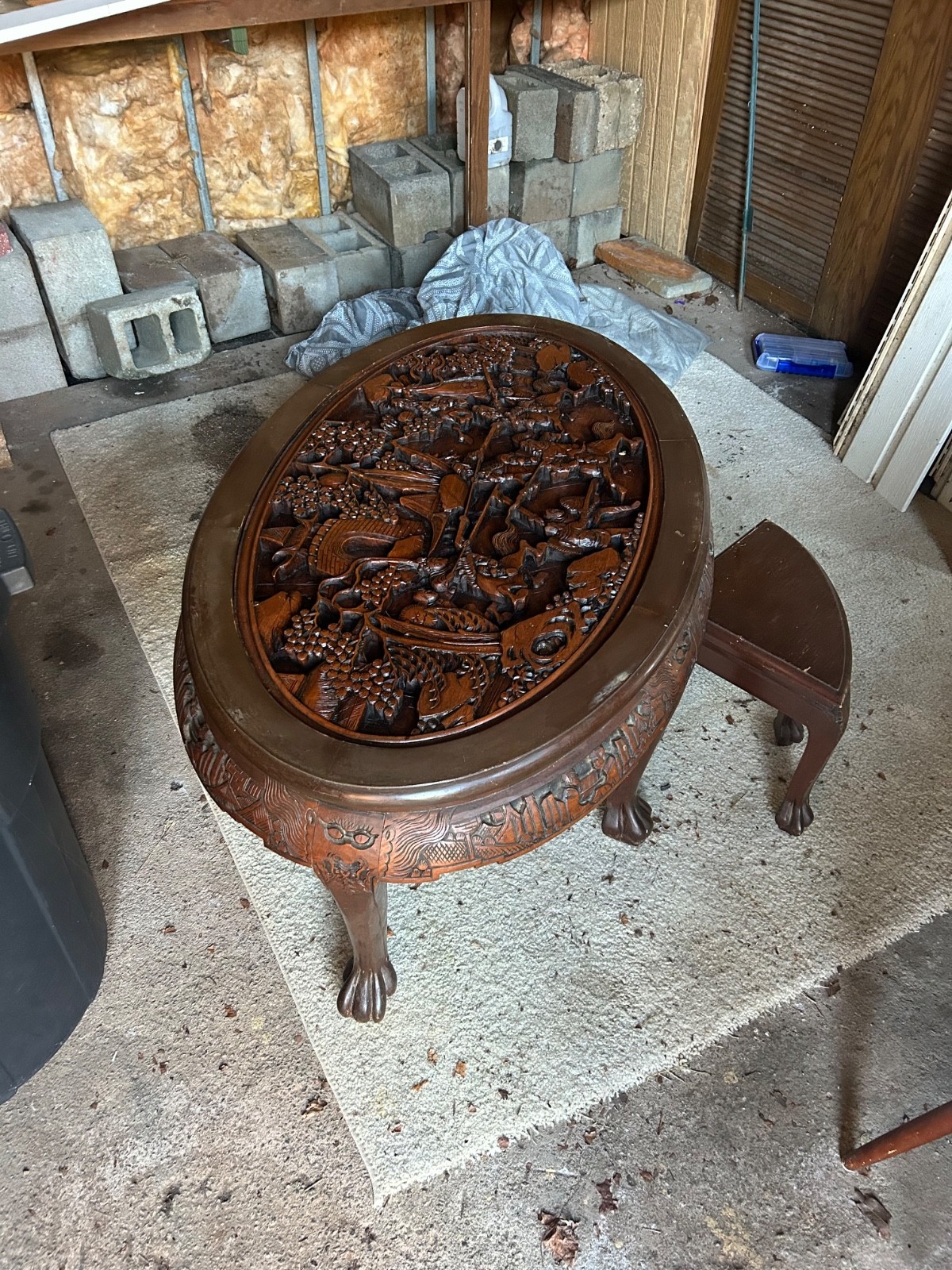 Antique Chinese Hand Carved Tea Table With Six Nesting Stools Authentic