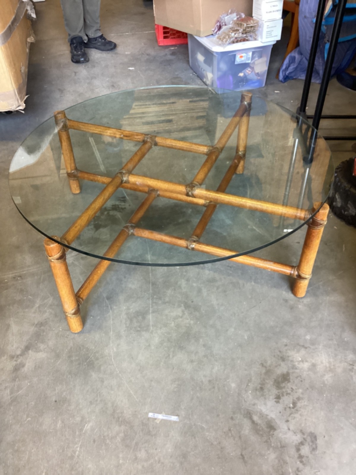 Vintage McGuire Style Coffee Table With 42” Round 1/2” Glass Top With 32” Base