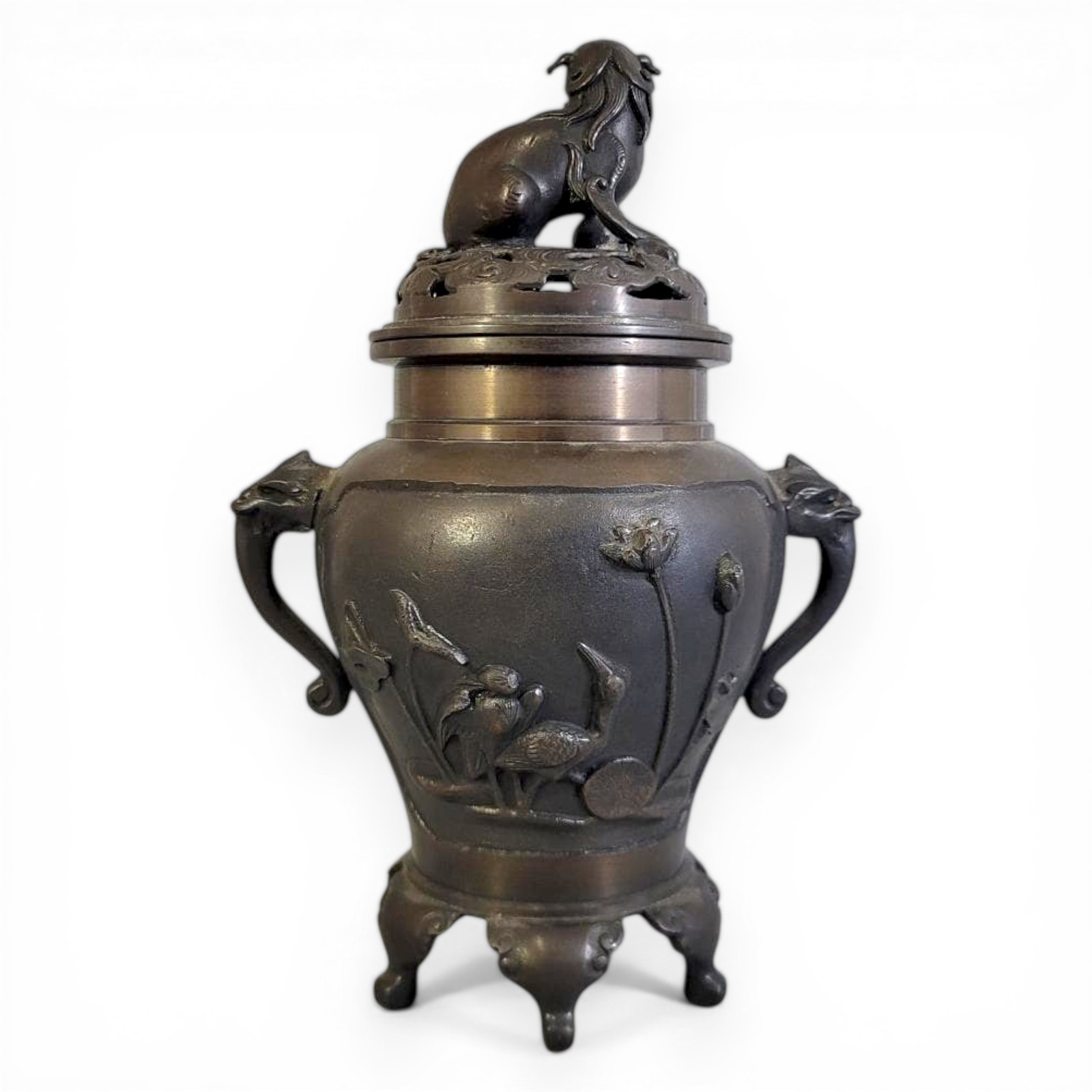 Vintage Japanese Bronze Incense Burner Metal Censer Sculpture Shishi Lion 9.8 in