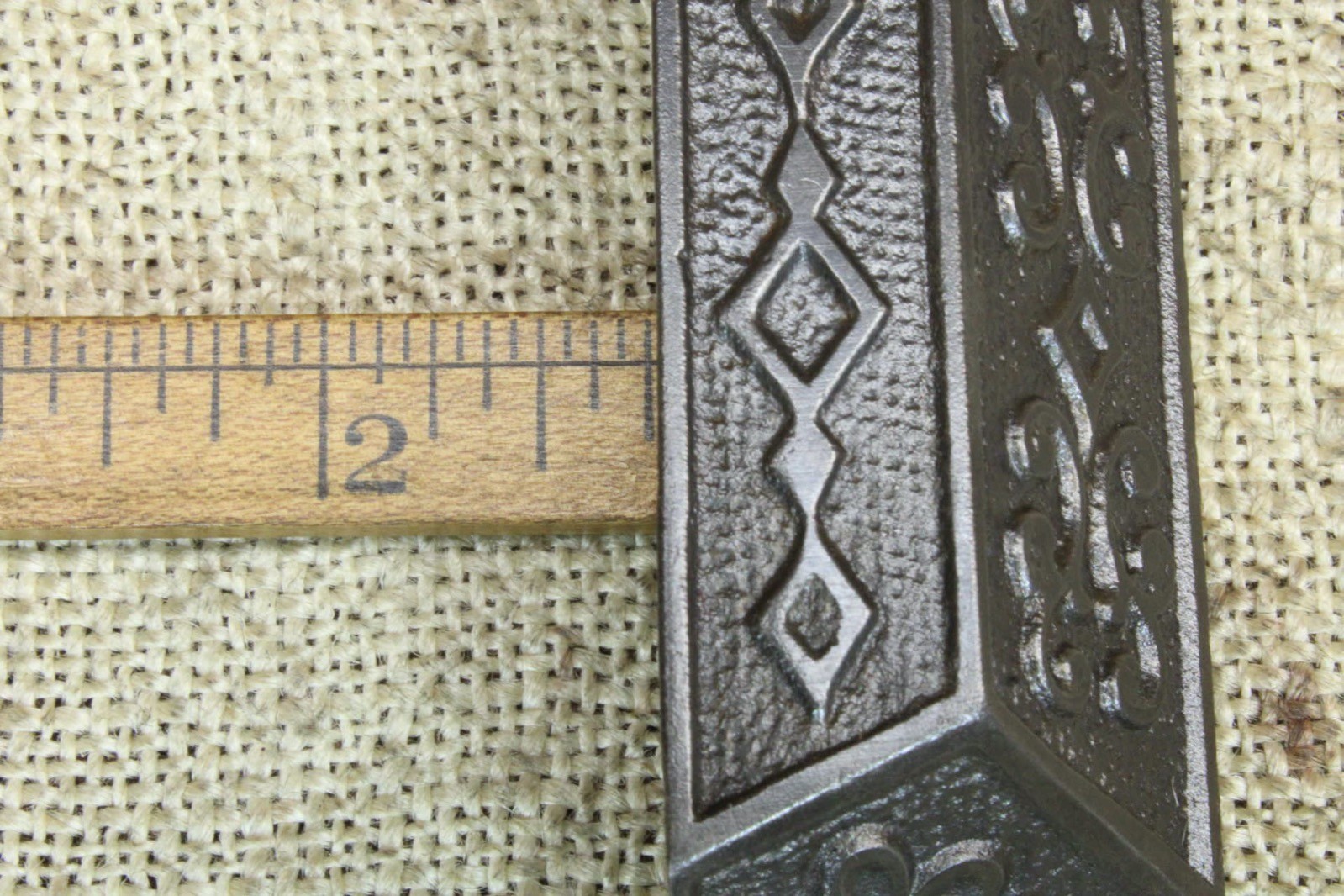 6 Old Bin Drawer Pulls Cup 4 1/2″ Handles Diamond Scroll Vines 1871 Patent Iron