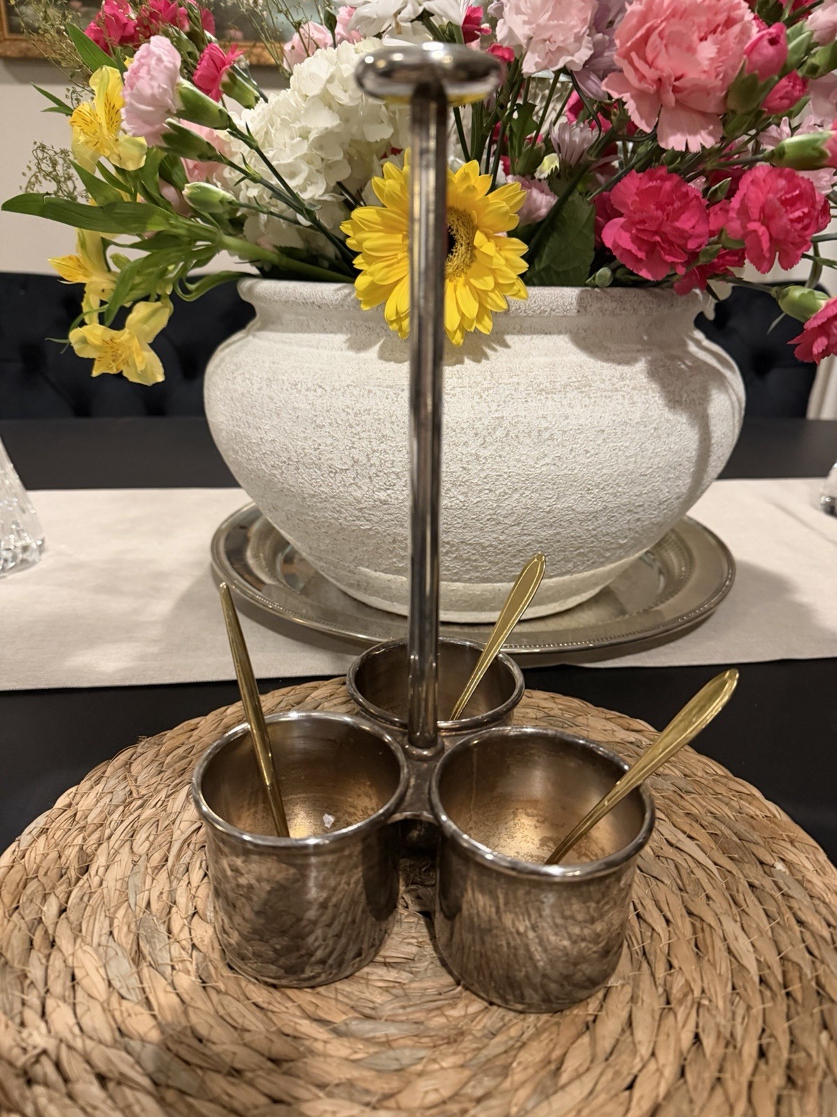 Antique Silverplate Triple Cup Condiment Server / Garnish Holder