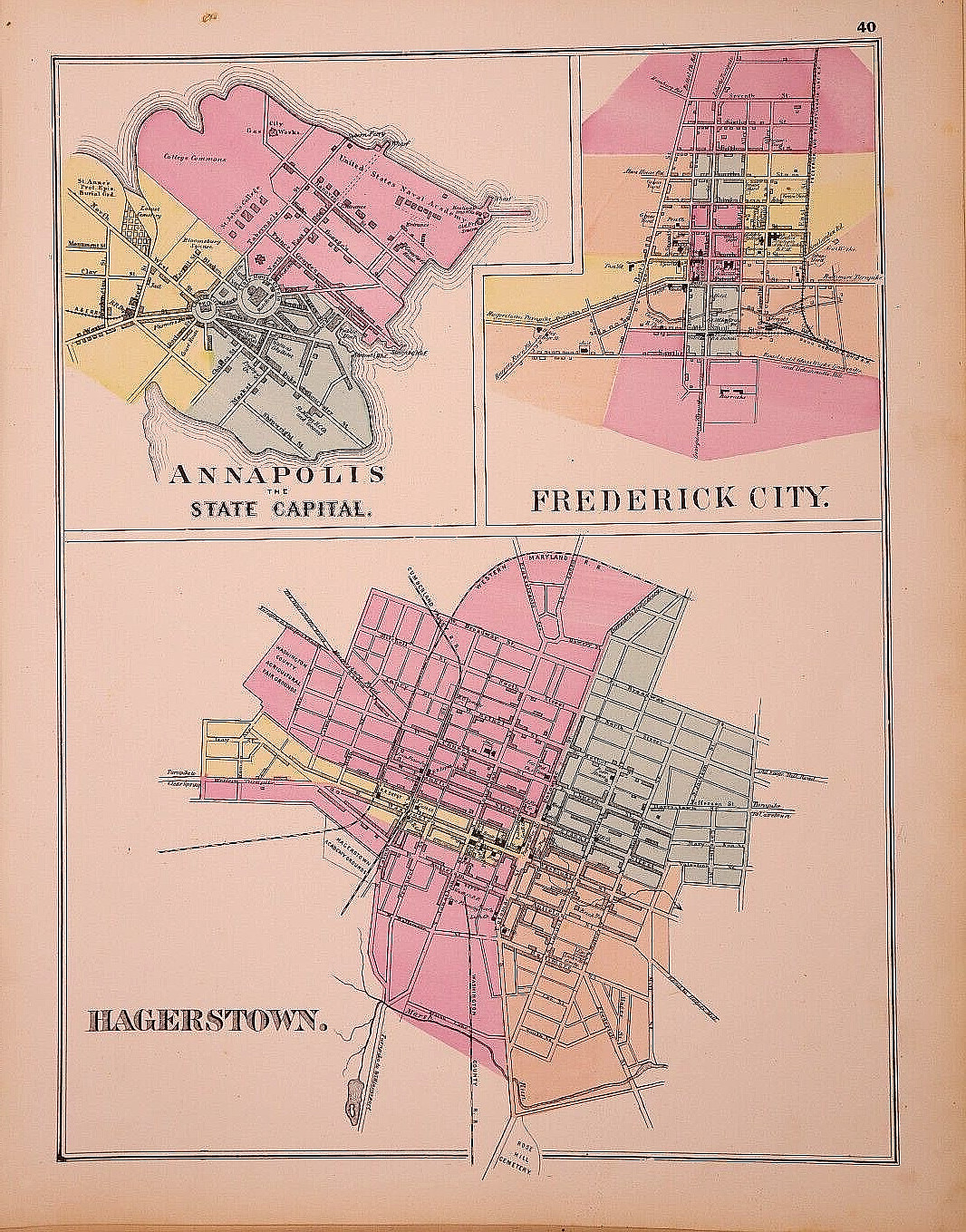 1876 Map ~ CITIES of HAGERSTOWN, ANNAPOLIS & FREDERICK, MARYLAND ~ (14×17)-#02