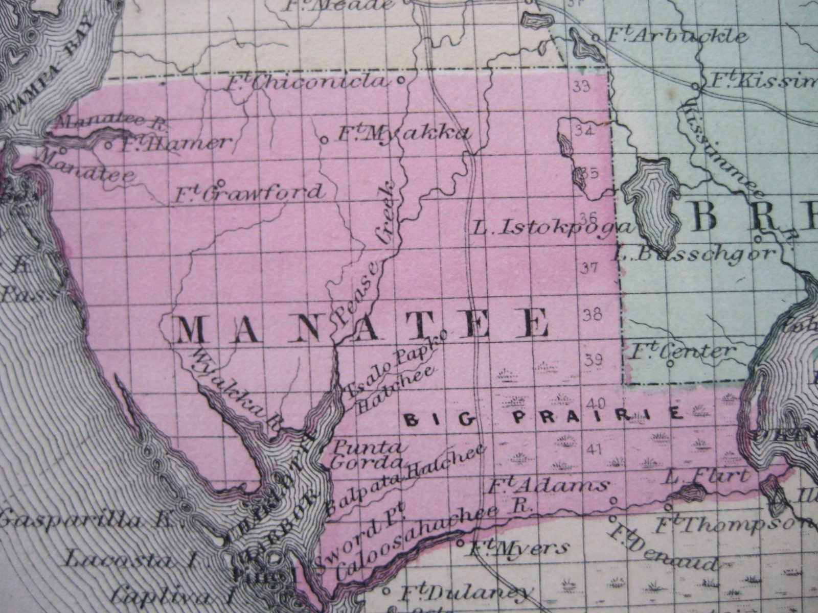 Original Color 1863 Johnson FLORIDA Map Military Trails Forts & Only 37 Counties