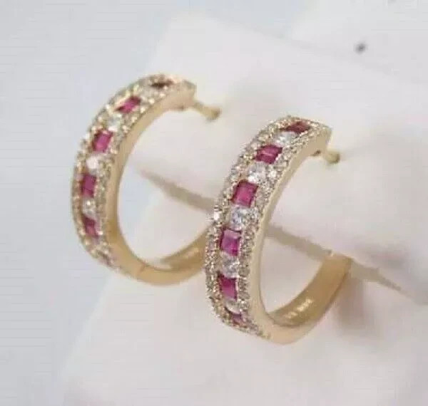 2.20Ct Lab-Created Red Ruby Huggie Hoop Women’s Earrings 14K Yellow Gold Plated