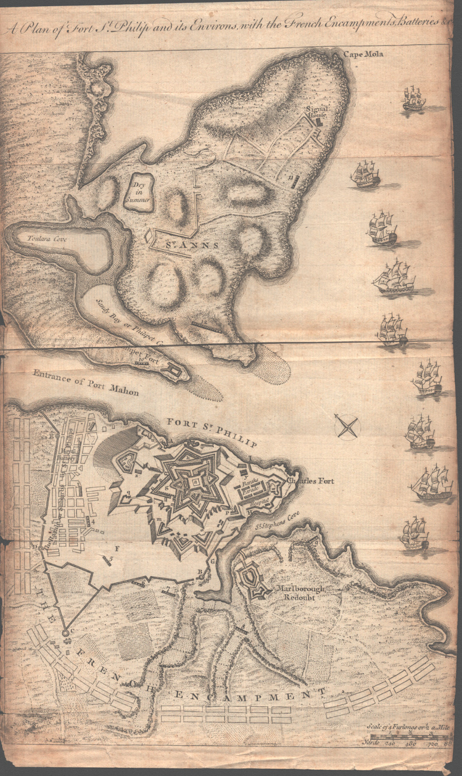 Mahon, Fort St. Philip. 1756 antique map – Gentemans Magazine