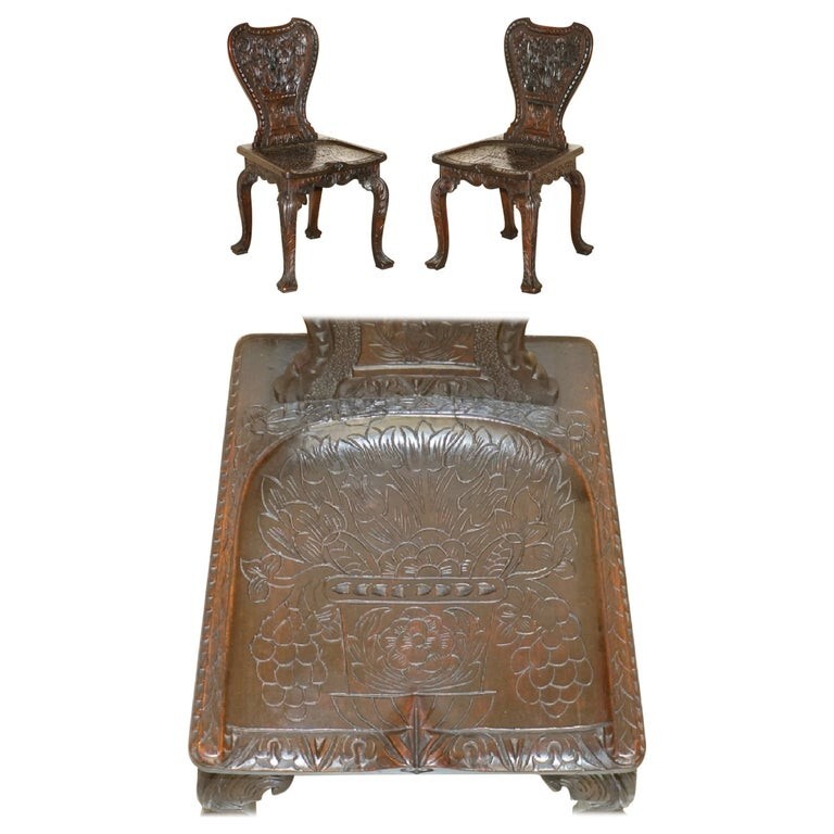 STUNNING PAIR OF ANTIQUE CIRCA 1860 HAND CARVED COLONIAL HALL SIDE CHAIRS
