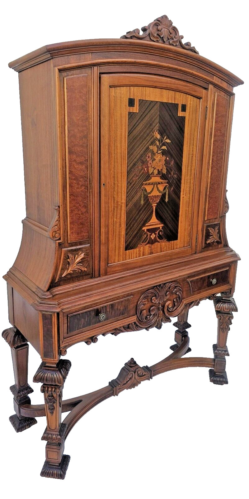Antique 1920s Rockford Carved Walnut w/ Marquetry Bar or China Cabinet Hutch