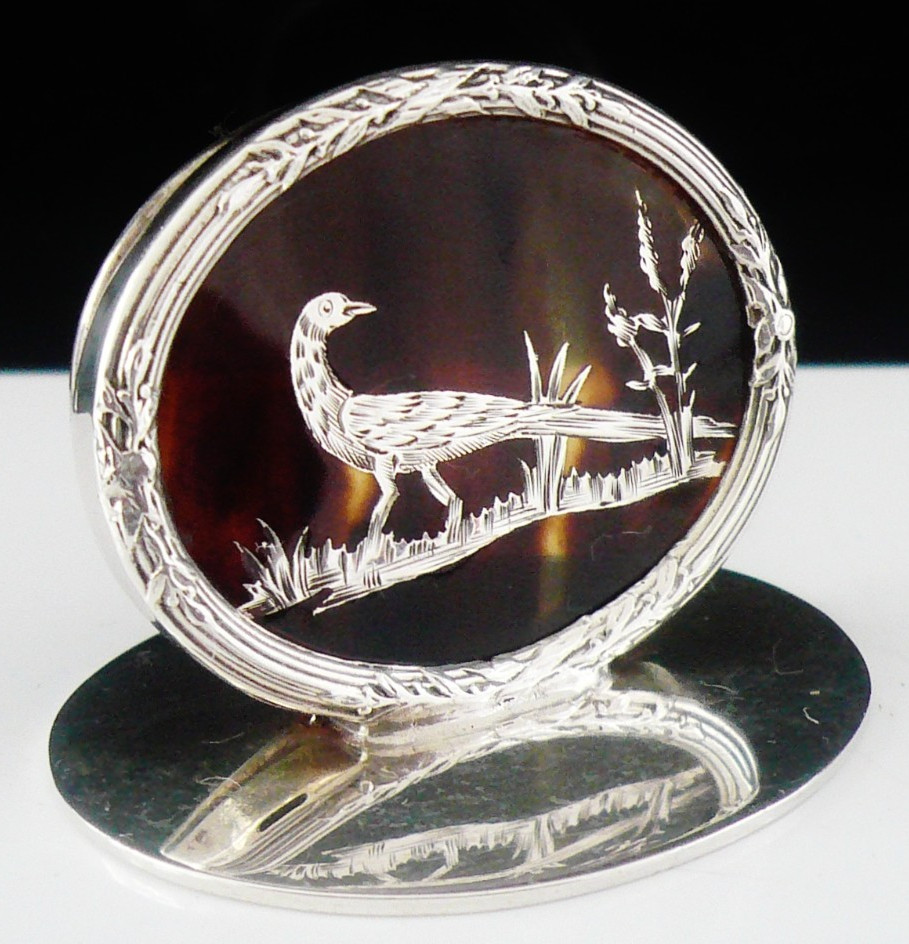 Sterling Silver Faux Tortoiseshell Game Bird Menu or Place Card Holder 1916
