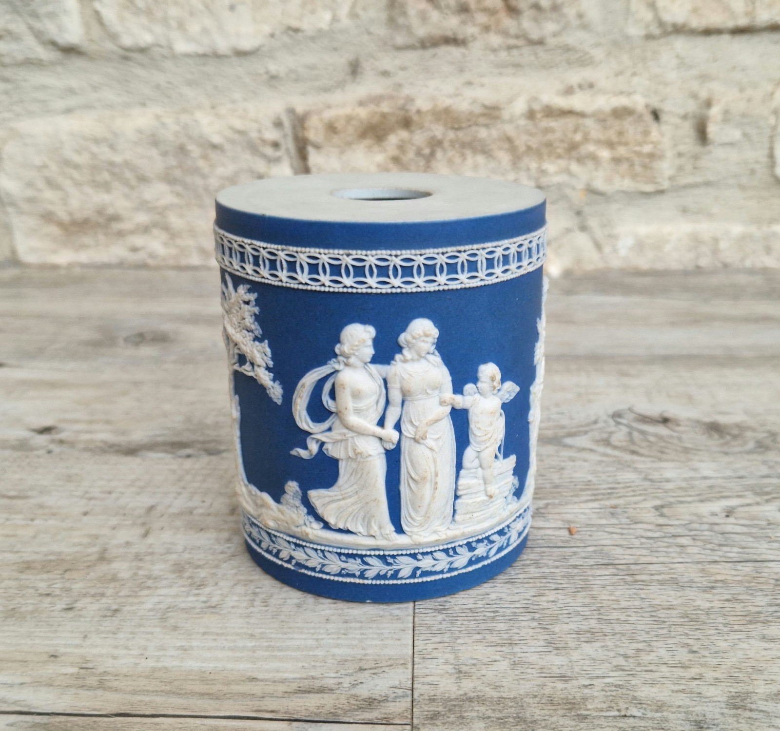 Antique 19th C. William Adams Jasperware Neoclassical Blue Sprigged Drum Base