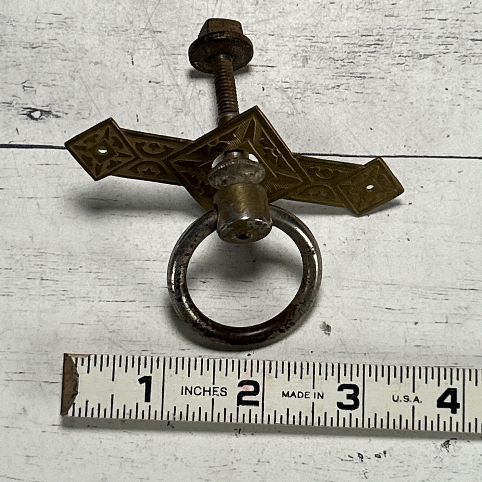 Antique Victorian Eastlake Brass Drawer Pull 3.5″ 1880s-1890s Drop Ring