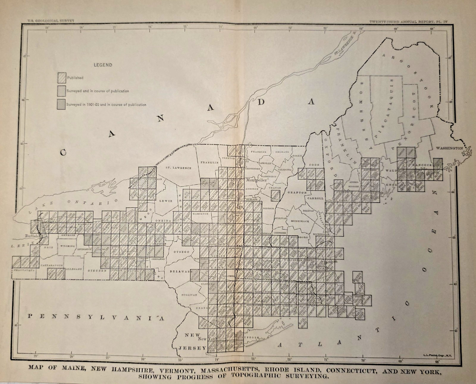 Antique 1902 USGS Map Northeast States Survey Progress 14×11