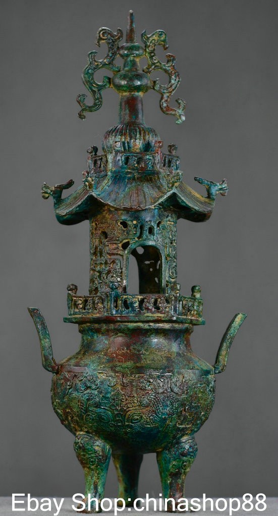 17.2″ Old China Bronze Ware Dynasty Palace Dragon Ear Pavilion incense burner
