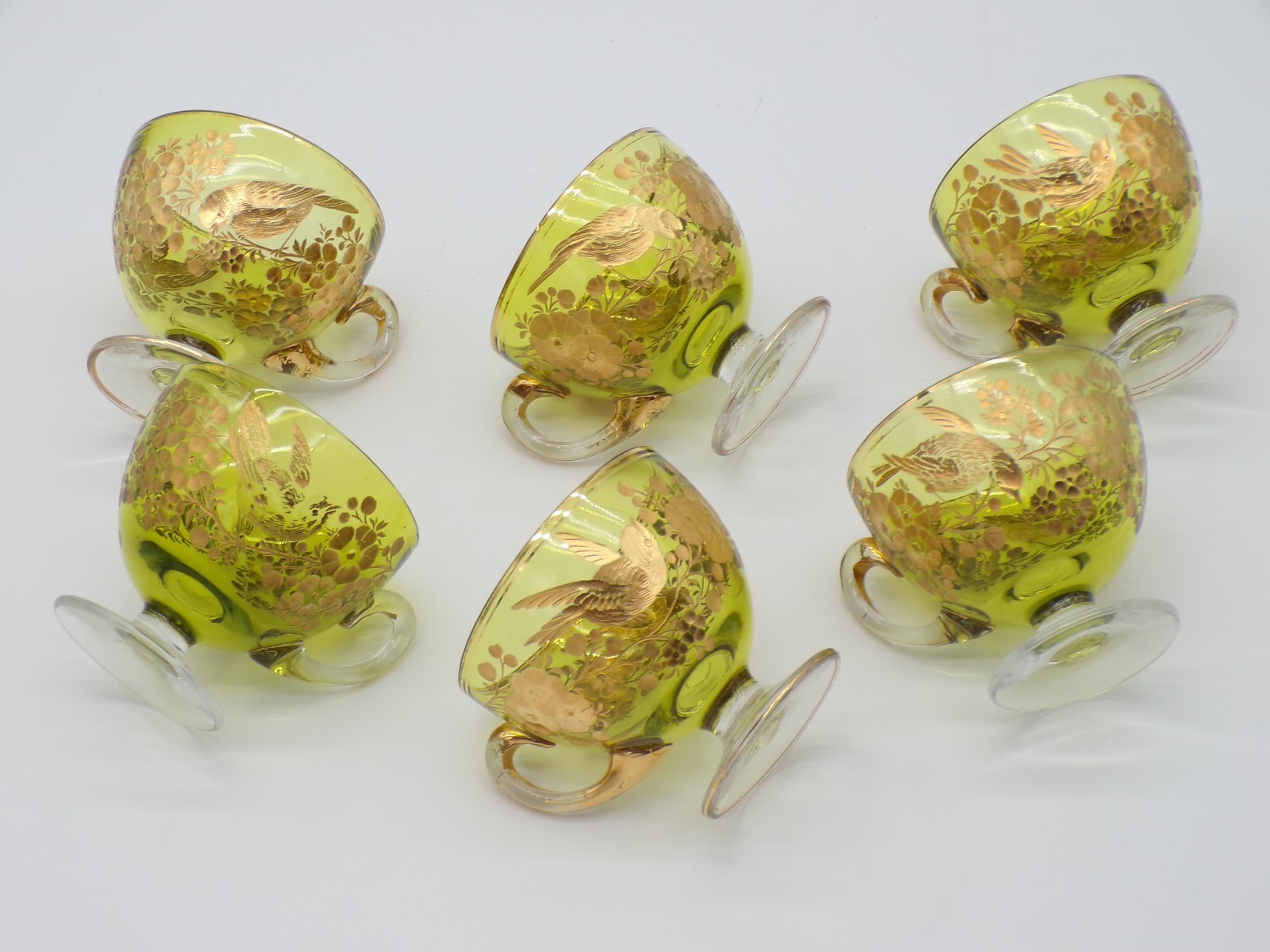 6 Bohemian Josephinenhutte Green Intaglio Gold Birds & Floral Art Glass Cup Set