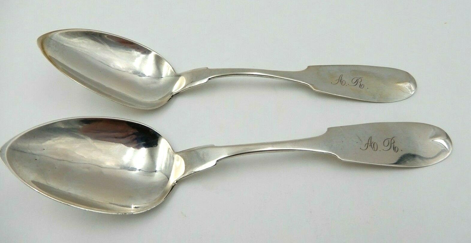 VINTAGE SET OF TWO (2) WM. PURCHES MONOGRAMMED “A.R.” PURE COIN SILVER SPOONS