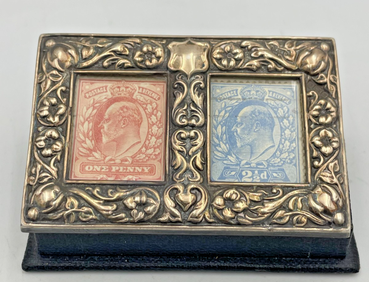 Rare Edwardian Silver & Leather double case Stamp Box