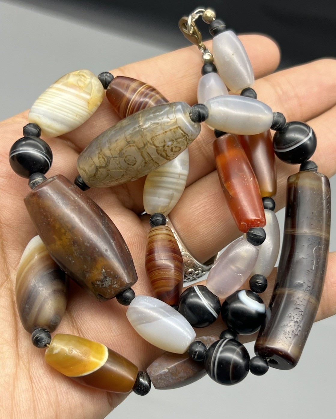 Vintage Used Mix Agate Beads Mala Lovely Mix Asia Banded Agate Beads Necklace
