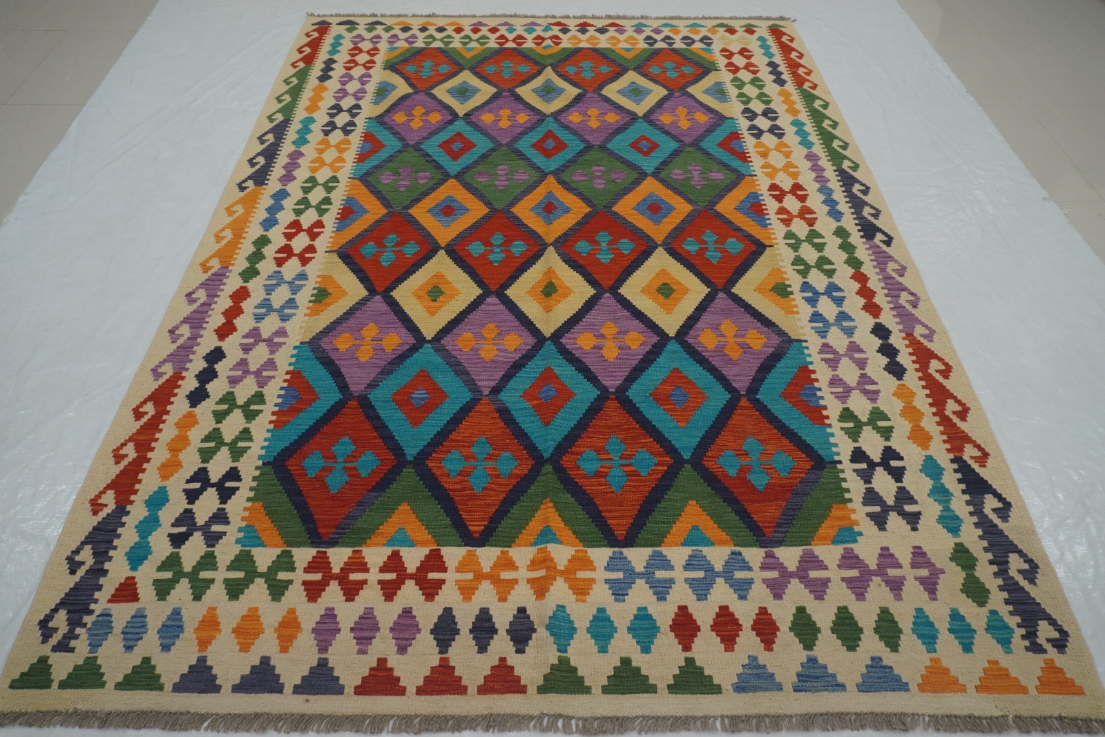 7×10 ft Blue Afghan Hand Woven Wool Reversible Kilim Rug 6’7″x9’6″