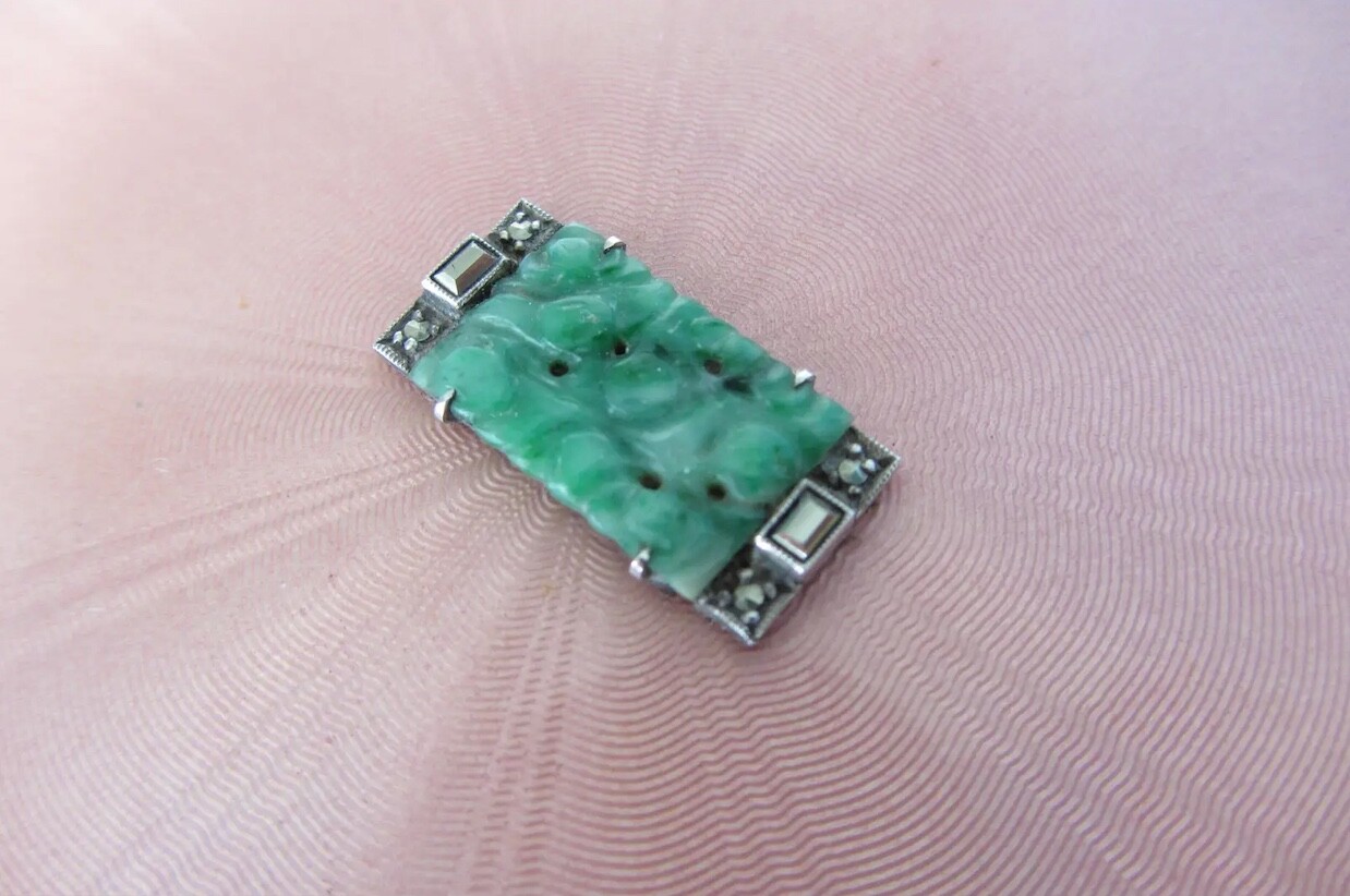 Art Deco Solid Sterling Silver Guilloché Mirror – Jade Jewel Inlay – Faberge