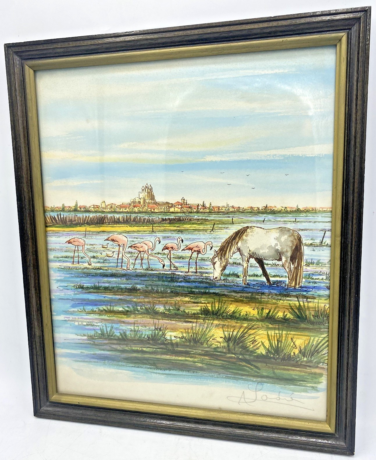 Vintage watercolor painting framed 1970’s south of France Camargue