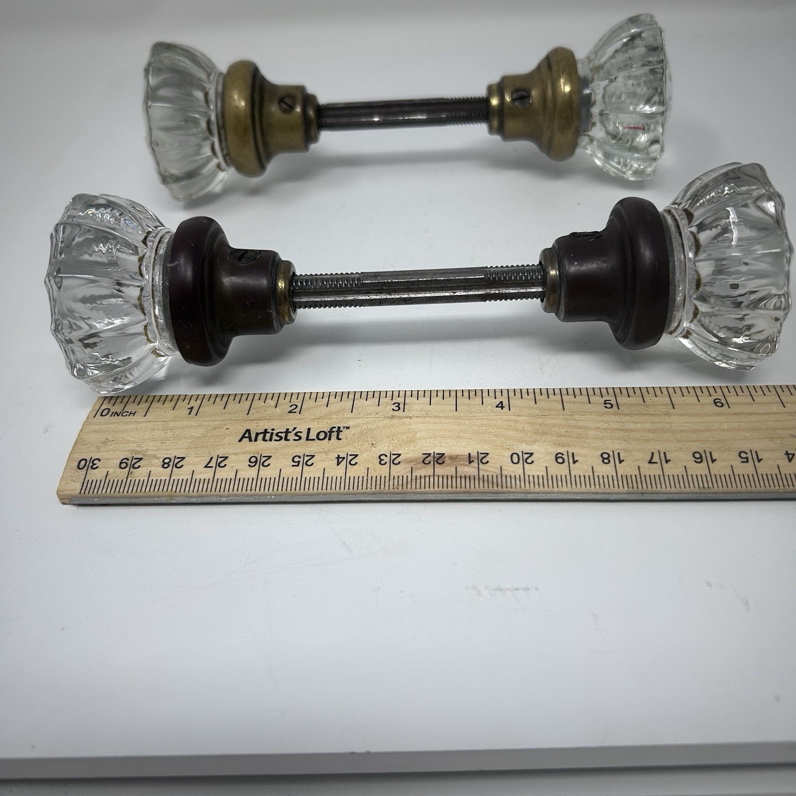 2 Vintage Glass Crystal Door Knobs With Spindle Hardware 12 Point Brass /Bronze
