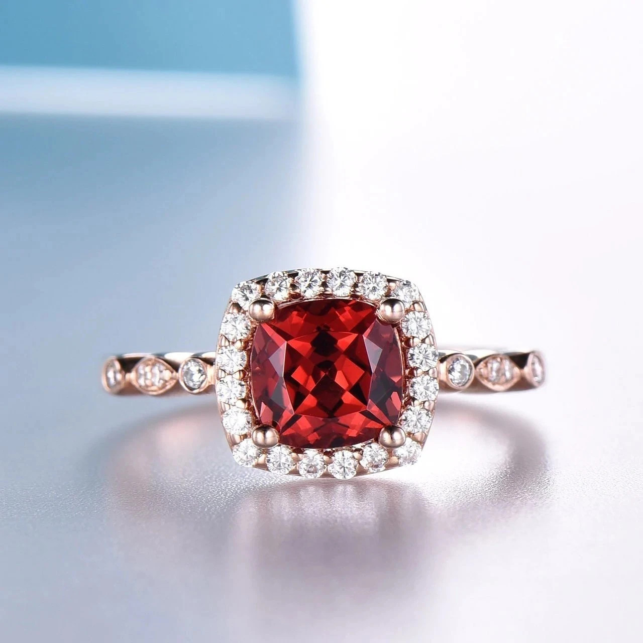 14k Rose Gold Plated 2Ct Cushion Lab Created Red Garnet Halo Wedding Band Ring