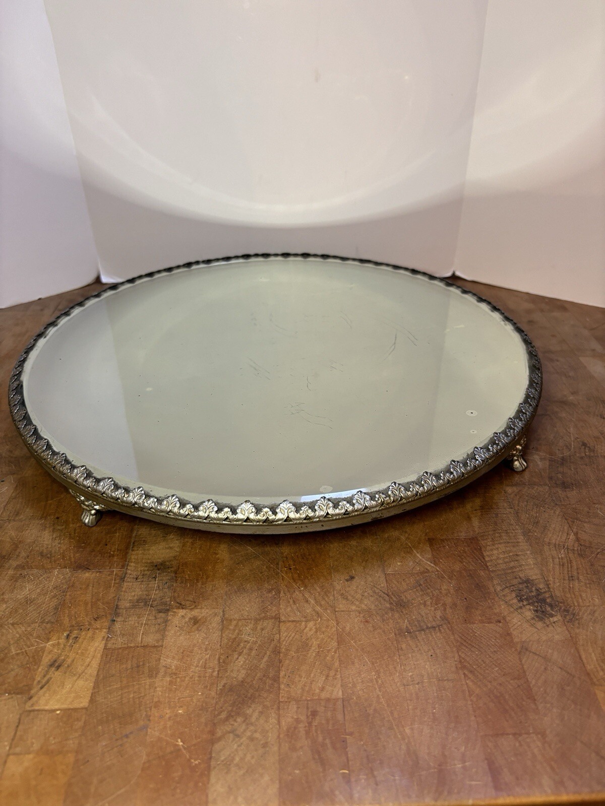 Large Antique 14″ Victorian Round Footed Plateau Mirror Vanity Dresser Display